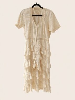 LoveShackFancy Cream Lace Ruffle Midi Dress